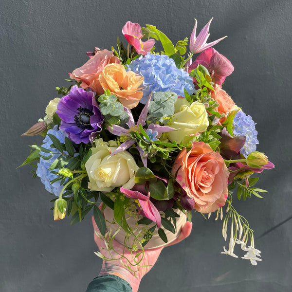 Charming Enamel Tin Filled with Flowers - Florists Choice of Mixed Colours